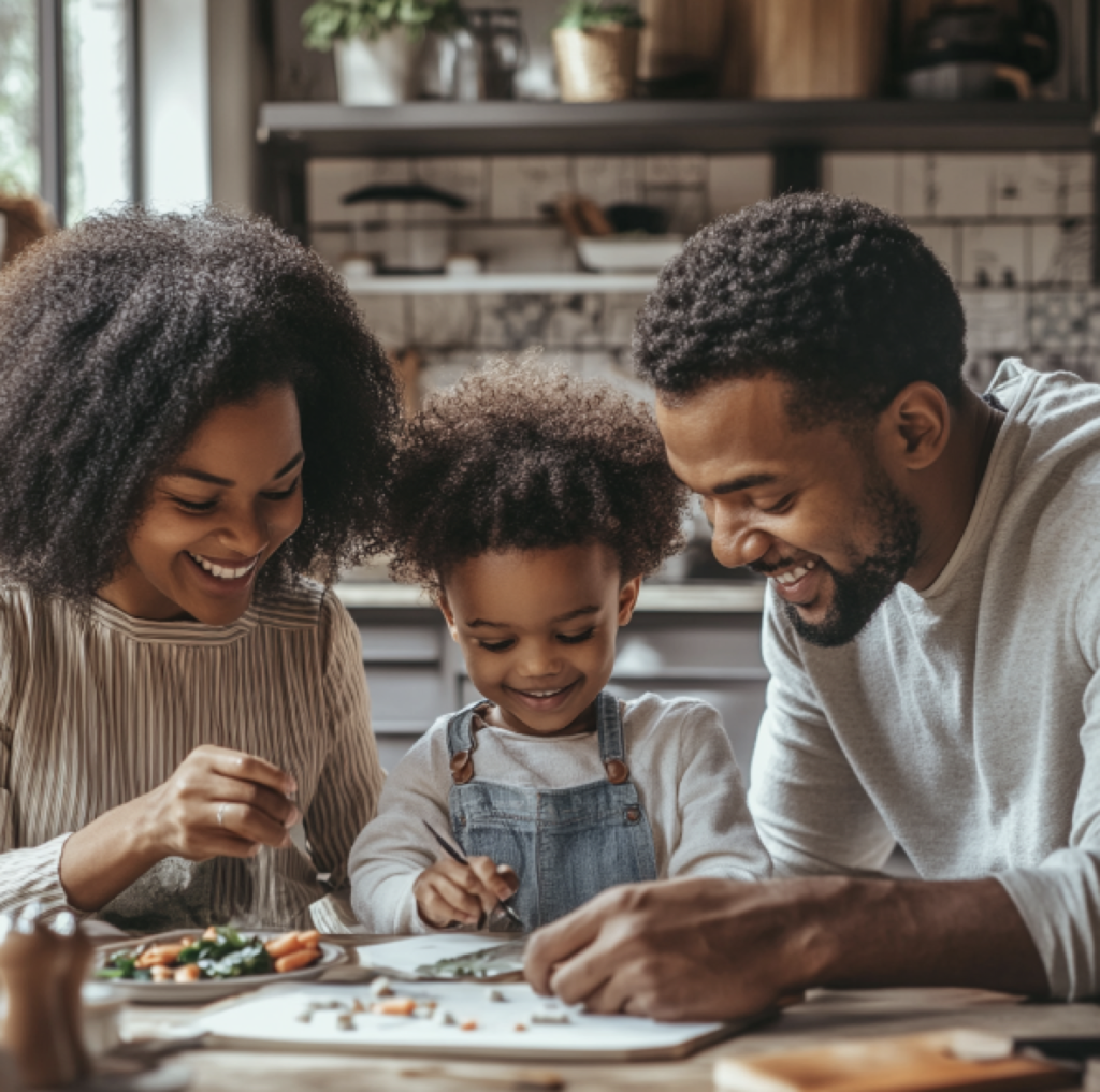 Black family of mother, father, and young daughter approximately 5 years old sitting at a table. They look happy and like they are doing arts and crafts.